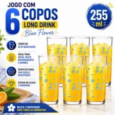 Kit 6 Copos De Vidro Blue Flower Long Drink 255ml Para Água Suco Refrigerante Uso Diário Mesa