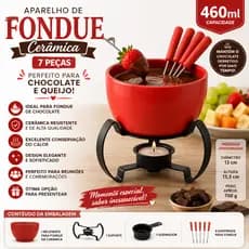Fondue 7 Peças Ceramica Kit Completo com Garfinhos e Rechaud Queimador Para Queijo e Chocolate