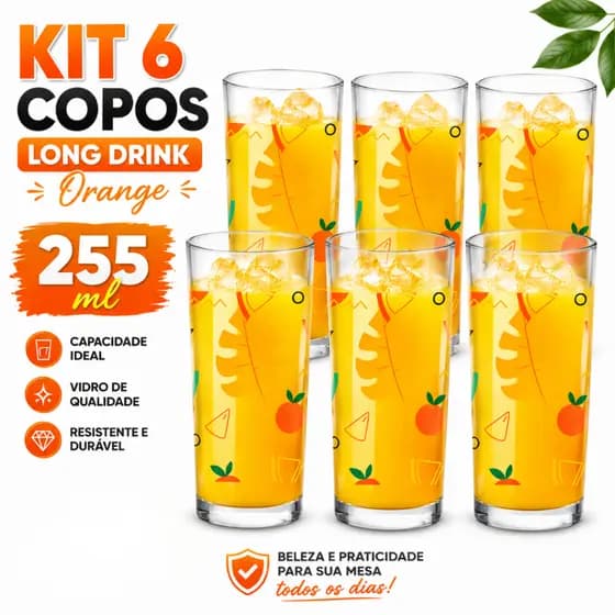 Jogo 6 Copos De Vidro Long Drink Orange 255ml Para Água Suco Refrigerante Drinks Uso Diário