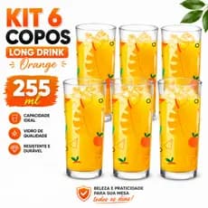 Jogo 6 Copos De Vidro Long Drink Orange 255ml Para Água Suco Refrigerante Drinks Uso Diário