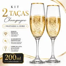 Taças Champagne De Vidro Filete Ouro Dourado 200ml Kit Com 2 Unidades Para Espumante E Festas