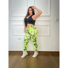 Conjunto Para Academia Feminino Calça Legging Marmorizada Raio Com Corda Verde Neon Mais Top Com Bojo