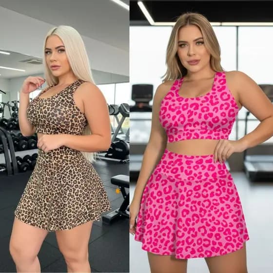Kit 2 Conjunto Fitness Premium Oncinha Saia Short e Top Sustentação Moda Fitness Roupa De Academia
