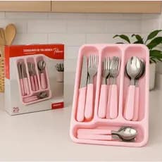 Jogo Talheres Inox 25 Peças Com Gaveteiro Colher Garfo Faca Inox - Rosa ou Branco