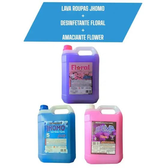 Kit Lava Roupas Jhomo 5L + Amaciante Flower 5L + Desinfetante Floral 5L