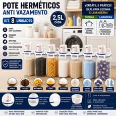 Kit 8 Potes Herméticos 2,5L Porta Mantimentos BPA Free Cozinha Lavanderia 2,5L  Multiuso