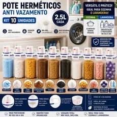Kit 10 Potes Herméticos Vedação Total BPA Free 2.5L Mantimentos Copo Medidor Cozinha Lavanderia