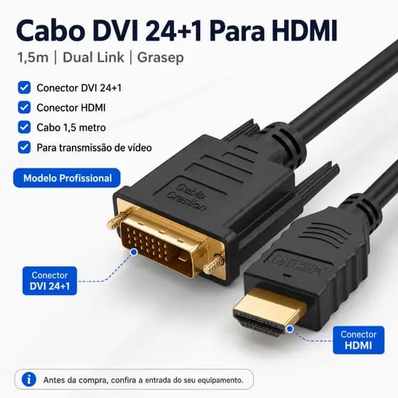 Cabo DVI 24+1 Para HDMI 1,5m Full HD Monitor PC