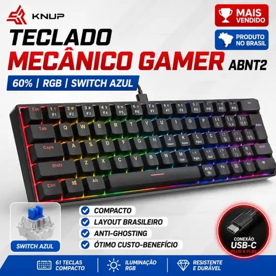 Teclado Mecânico Gamer ABNT2 60% RGB 61 Teclas Switch Azul USB-C Compacto