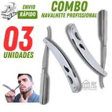 KIT CONJUNTO JOGO 3 UNIDADES NAVALHA NAVALHETE METAL INOX PROFISSIONAL BARBA CABELO INOX