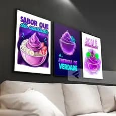 Kit 03 Quadros Decorativos Tema Açaí com frase para Sorveteria & Açaiteria!
