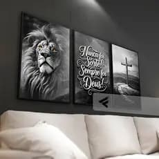 Kit 03 Quadros Decorativos Leão de Judá, Nunca foi Sorte, Sempre foi Deus! para quarto, sala all