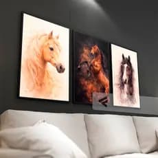 Kit 03 Quadros Decorativos Cavalos Pintura Moderna Aquarela para Quarto, cozinha, sala all