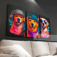 Kit 03 Quadros Decorativos Pintura Trio de Cachorros  Super Coloridos para Quarto, sala all