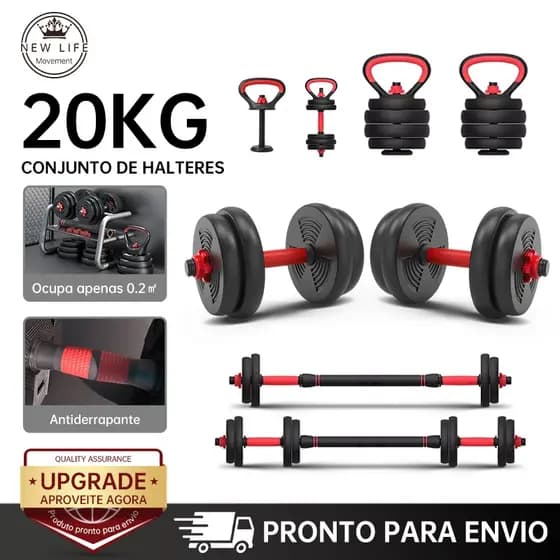 Brinde: munhequeira Kit Halteres Ajustáveis 20kg Multifuncional com Barra Kettlebell e Apoio para Flexões