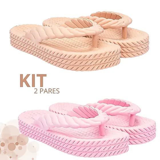 Kit Sandalia Chinelo 3 Tiras Plataforma Nuvem Feminino Trançado Confortável