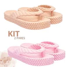 Kit Sandalia Chinelo 3 Tiras Plataforma Nuvem Feminino Trançado Confortável