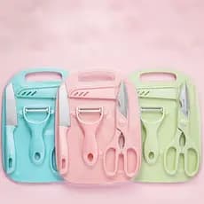 Utensílios de Cozinha 4 Peças - Faca Tesoura Descascador Tábua Culinária Inox