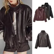 KFOZ Nova jaqueta de couro feminina de moda europeia e americana para outono e inverno, de manga longa e versátil.