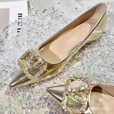 3JAB Estilo Francês, Salto Baixo para Mulheres, Nova Moda, Strass, Bico Aberto, Saltos Grossos, Bico Fino, Sapatos Plano