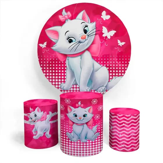 Kit Painel Redondo Capa Veste Fácil E Capa Trio Cilíndro Personalizado Festa De Aniversário Gatinha Marie