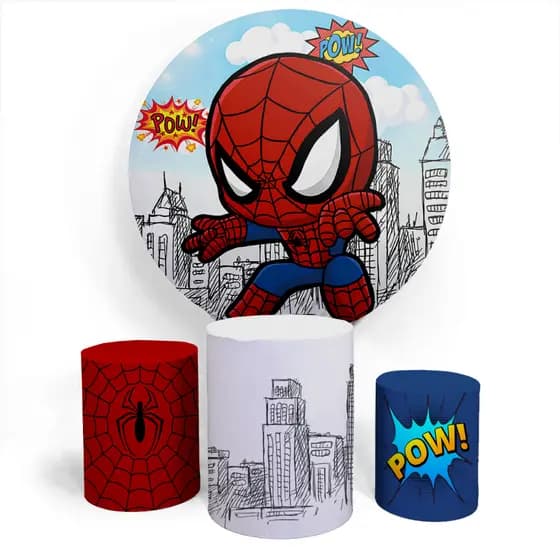 Kit Festa Infantil Painel Circular Capa Temática E Capa Cilíndro Veste Fácil Aniversário Tema Spider Kids