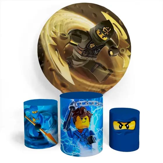 Kit Painel Ninjago Black Ninja Decoração Redondo Capa Veste Fácil E Capa Trio Cilíndro Personalizado Festa Aniversário