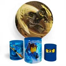 Kit Painel Ninjago Black Ninja Decoração Redondo Capa Veste Fácil E Capa Trio Cilíndro Personalizado Festa Aniversário