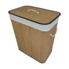 Cesto de Bambu Roupa Suja em Bambu Natural com Tampa 60L Alças de Corda Forro Removível
