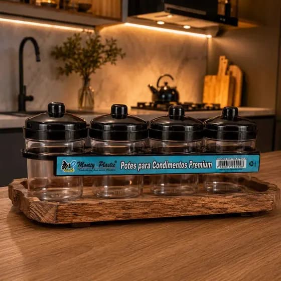 Kit 4 Potes para Condimentos com Suporte de Parede l Organizador de Temperos Livre de BPA