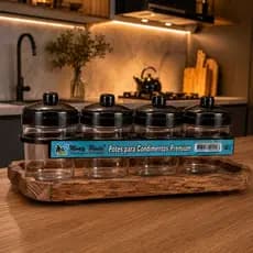 Kit 4 Potes para Condimentos com Suporte de Parede l Organizador de Temperos Livre de BPA