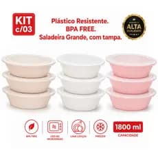Kit 3 Potes tipo saladeira com tampa Hermética   | Plástico Resistente e Livre de BPA. Grande 1900ml