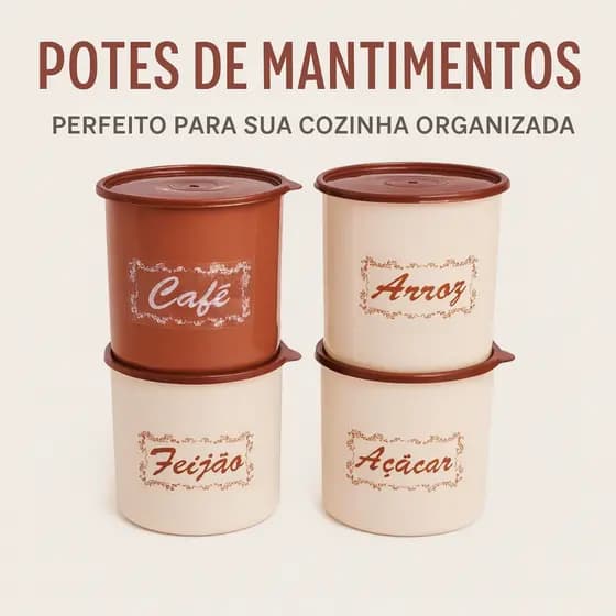 kit 04 Potes para Mantimento - 4 Peças | Açúcar, Café, Arroz e Feijão | Pote com Tampa