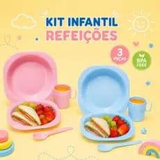 Kit Infantil escolar: Prato, Colher e Copo - Azul e Rosa - Lanches e Refeições