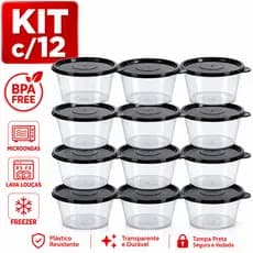 Kit 12 Potes Redondo 300ml Tampa Preta Hermética BPA FREE Reforçado. Potes Transparente. MULTIUSO