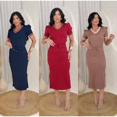 Conjunto Feminino Luxo Moda Evangélica Saia Midi e Blusa Vermelha Decote V Com manga Bufante