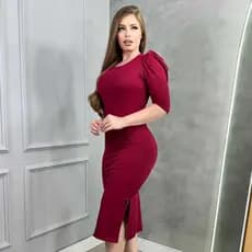 Vestido Midi FemininoTubinho Manga Bufante e Fenda Lateral na Ribana Canelada Justo Moda Evangélica Jovem