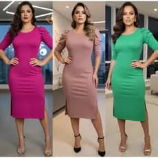 Vestido Midi Tubinho Feminino Manga 3/4 Bufante Moda Evangelica-Elegante, Moderno e Confortavel