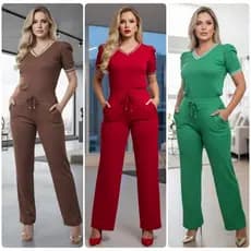 Conjunto Feminino Pantalona Blusa Gola V e Manga Princesa - Dia Dia