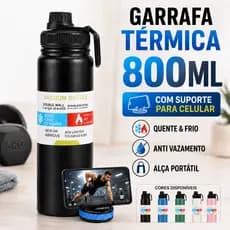 Garrafa Térmica de Água 800ML Aço Inoxidável Alça Porta Celular Academia, Treino, Trabalho