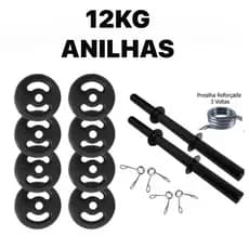 Kit com Barras De 40cm para anilhas + 4 Presilhas e Anilhas de Ferro Fundido - 12 Kg