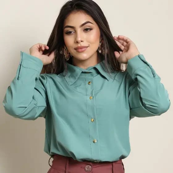 Blusa feminina Social colarinho manga longa tecido leve liso Poliester com elastano crepinho