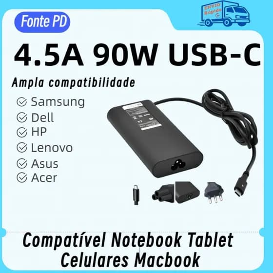 Carregador Notebook 90W USB-C Compatível Dell Lenovo Universal