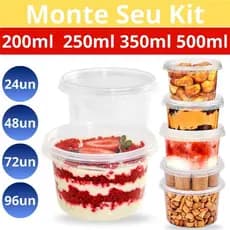 Kit Pote Plástico Redondo Descartável C /Tampa 200 250 350 500 ml 24Un P/Bolo de Pote Açaí Marmita - Freezer Microondas