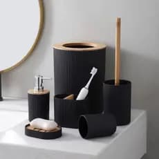 Kit Banheiro 6 Peças Completo – Lixeira com Tampa de Bambu, Design Elegante e Funcionalidade para Transformar seu Ambien