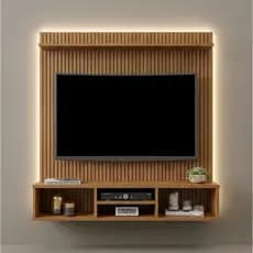 Painel de TV para 50 pol suspenso com Nicho e prateleira ripado canela off white preto