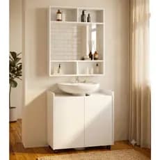 Kit Gabinete De Coluna Banheiro Com Armário Espelheira Nicho Branco