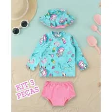 Kit 3 Peças Moda Praia Bebê UV50+ Blusa Manga Longa Tapa Fralda e Chapéu Infantil Menina