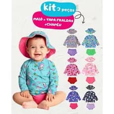 Kit 3 peças Blusa Proteção Solar UV50+ Tapa Fralda Chapéu Bebê Infantil Moda Praia Meninas - Biquíni Infantil