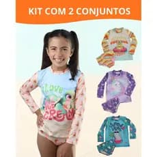 Kit 2 Conjuntos Biquini+Blusa Manga Longa Proteção UV50 Infantil Menina Moda Praia Piscina